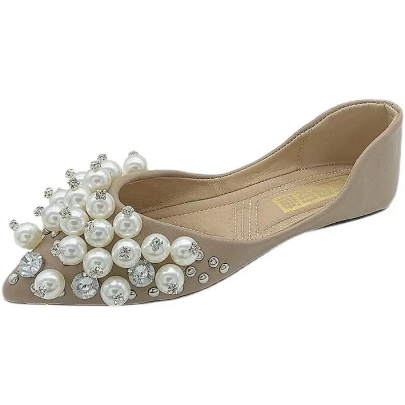 deanwangkt Elegant Ladies Pointed Flat Shoes  Spring Shallow Water Drill Pearl Buckle Soft Bottom Plus Size Comfortable Women's Shoes - Deanwangkt