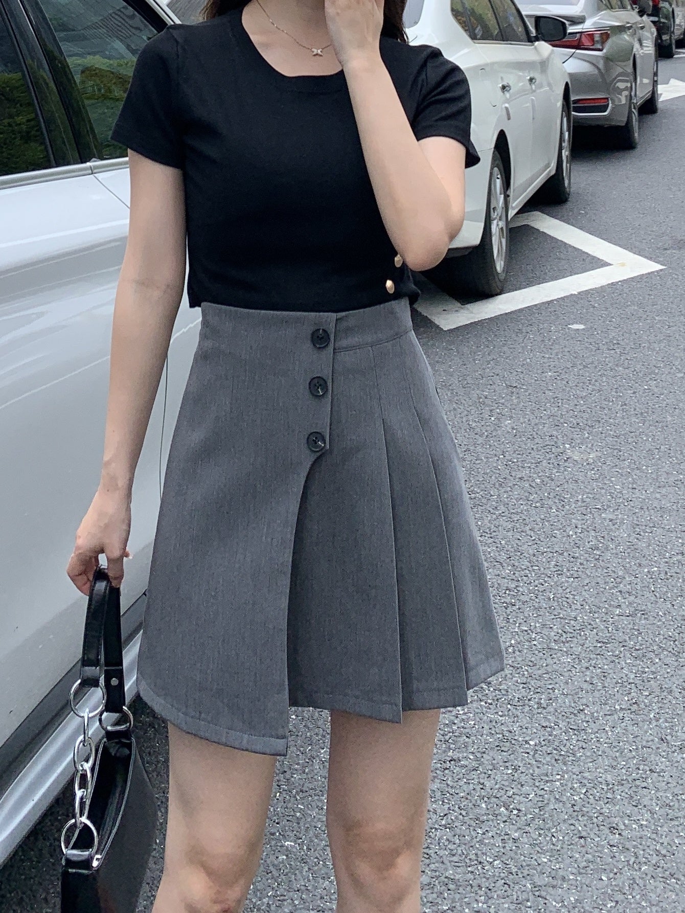 Preppy Button Front Pleated Hem Skirt, Casual Above Knee Skirt For Spring & Summer, Women's Clothing - Deanwangkt