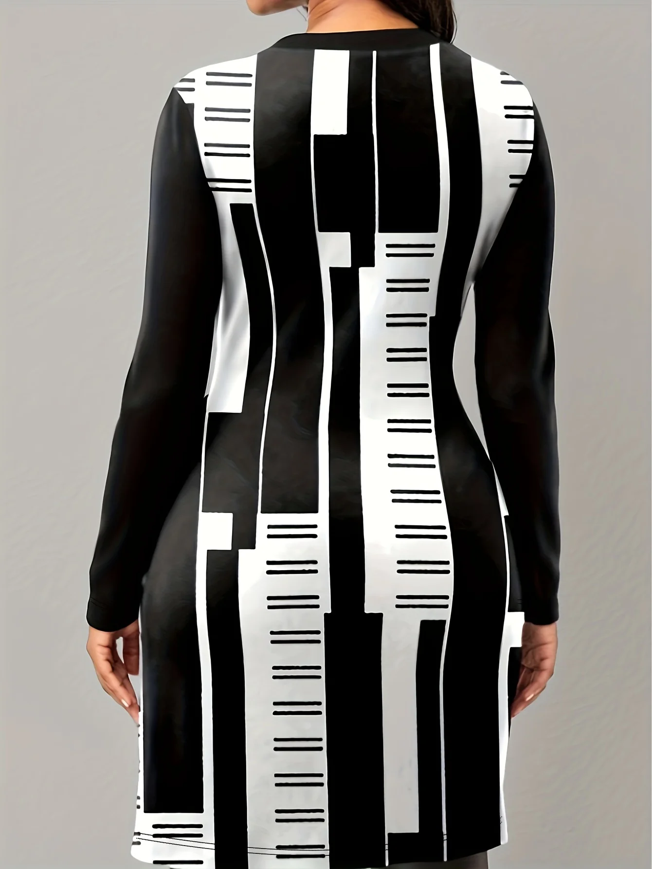 deanwangkt-1 Geometric Print Split Hem Top, Casual Crew Neck Long Sleeve Top For Spring & Fall, Women's Clothing - Deanwangkt