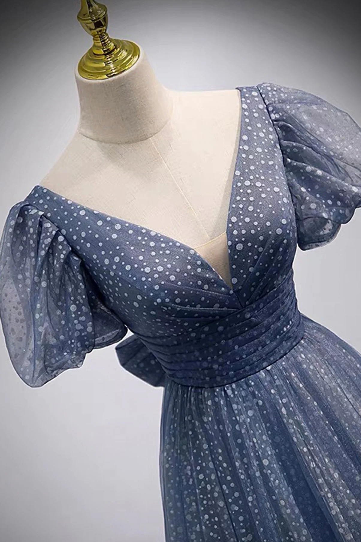 solvbao Blue V-Neck Tulle Long Prom Dresses, A-Line Evening Dresses - Deanwangkt