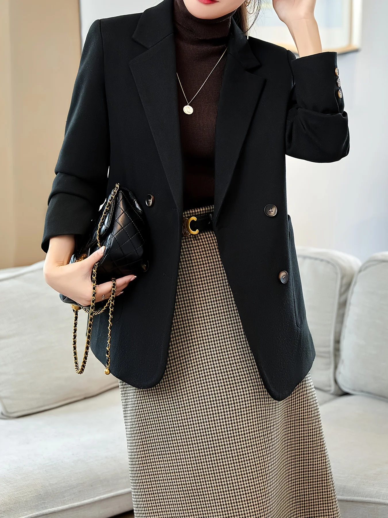 deanwangkt-1 Solid Double Breasted Blazer, Casual Long Sleeve Lapel Blazer For Office & Work, Women's Clothing - Deanwangkt