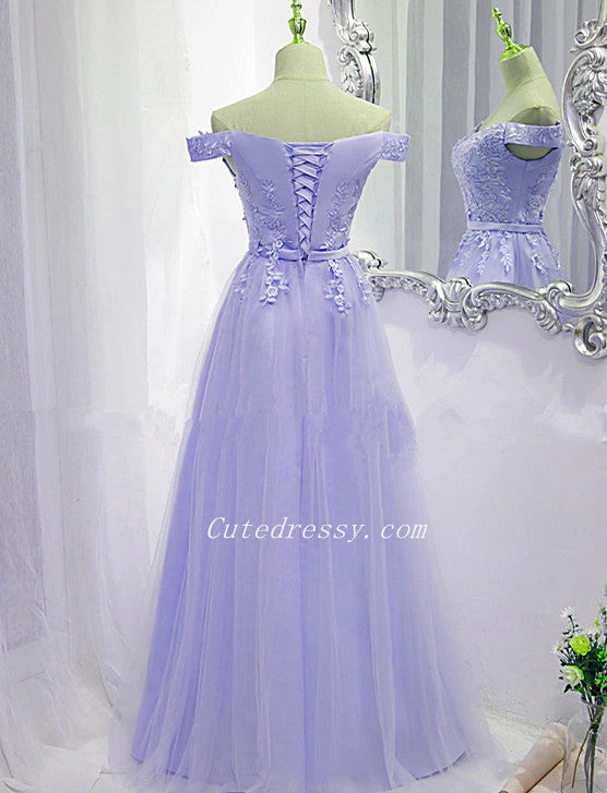Solvbao Lavender Tulle Off Shoulder Party Dress with Lace Applique, A-line Tulle Prom Dresses - Deanwangkt