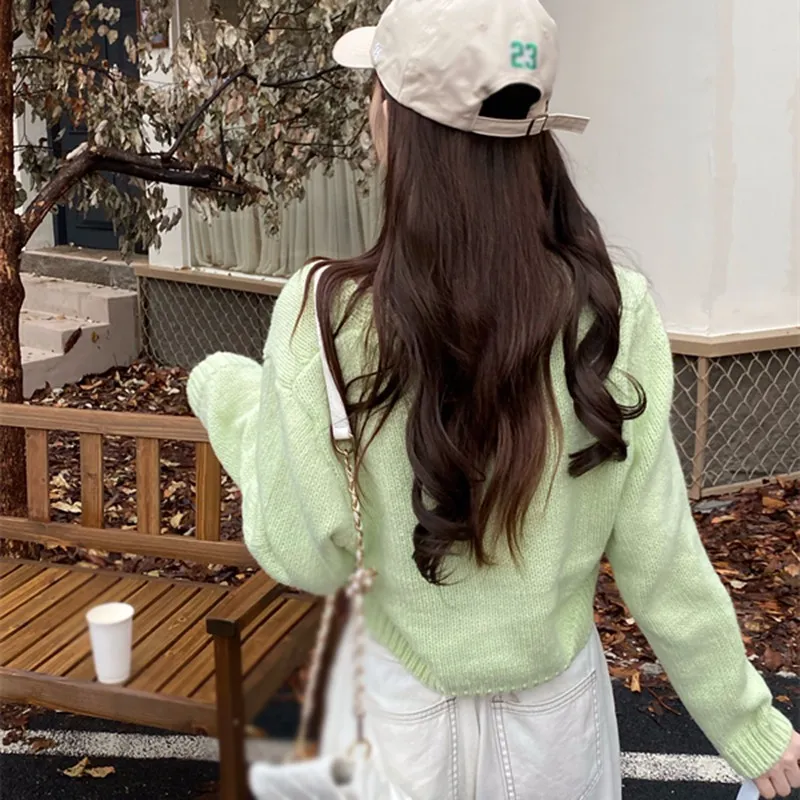 deanwangkt Y2k Women Cardigan Sweater Knitted Cropped Korean Short Long sleeve Crop Top V neck Fashion Clothe - Deanwangkt