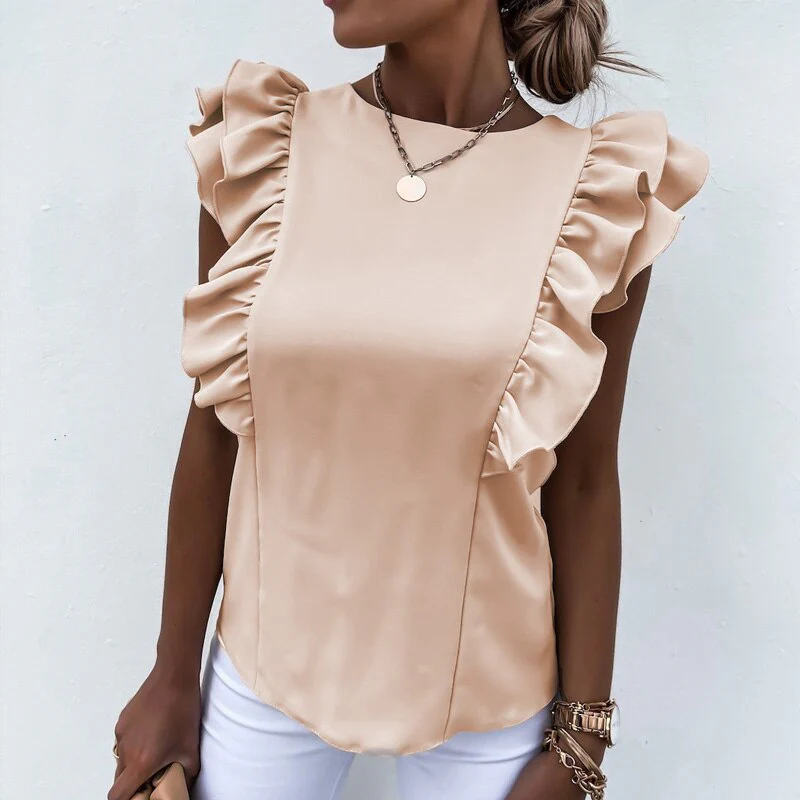 deanwangkt Elegant Women Solid Ruffle Blouses Shirts Sexy Back Hollow Out Tie-Up Bow Shirt Tops Office Lady O Neck Sleeveless Design Blusas - Deanwangkt