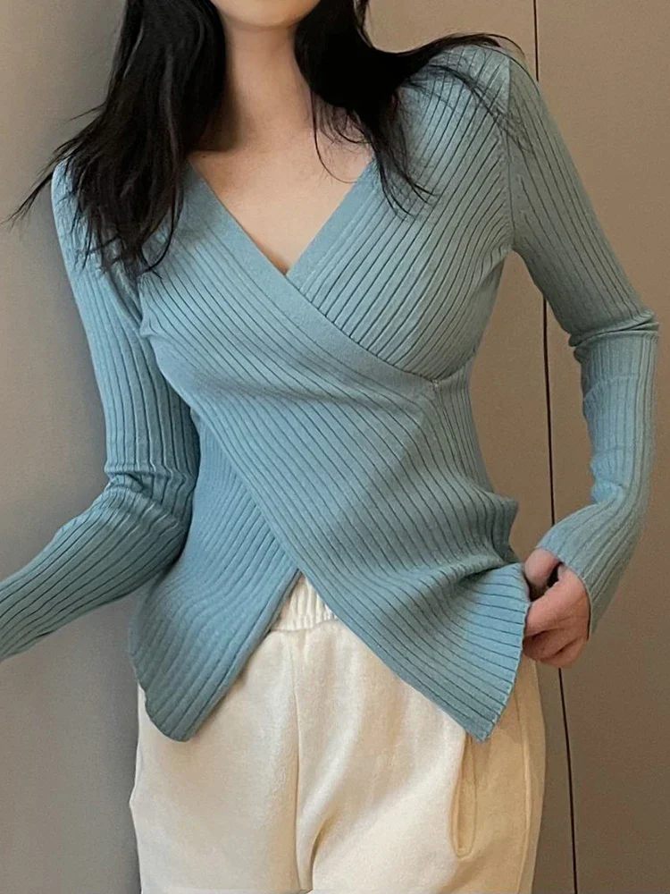 deanwangkt Irregular V-Neck Sweater Women Long Sleeve Top Pullover  Winter Knitted Sweaters Mujer Knitwear Korean Fashion Woman Clothes - Deanwangkt