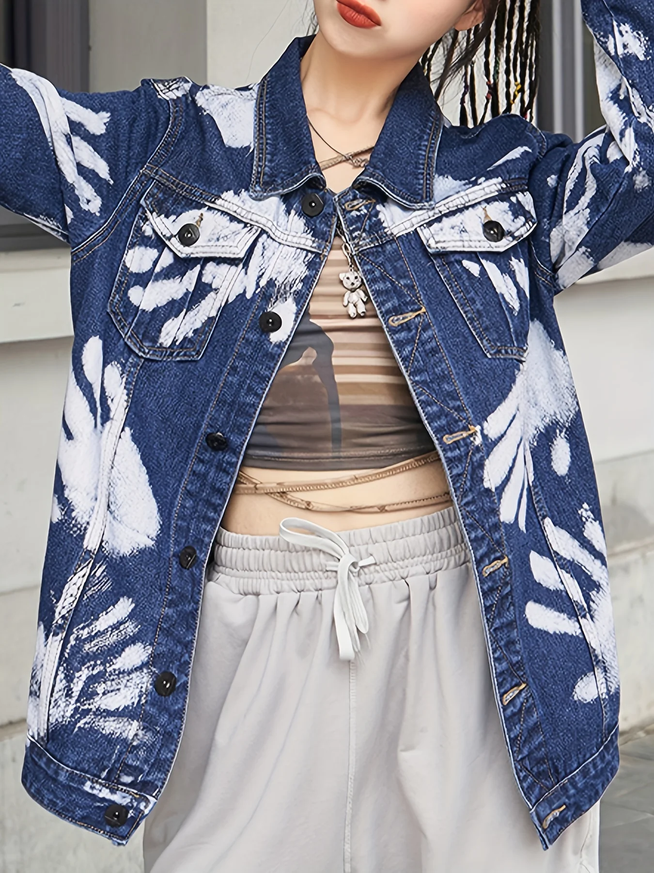 Blue Hand Shaped Graffiti Print Denim Jackets, Long Sleeves Personalized Lapel Denim Coats, Women's Denim Clothing - Deanwangkt