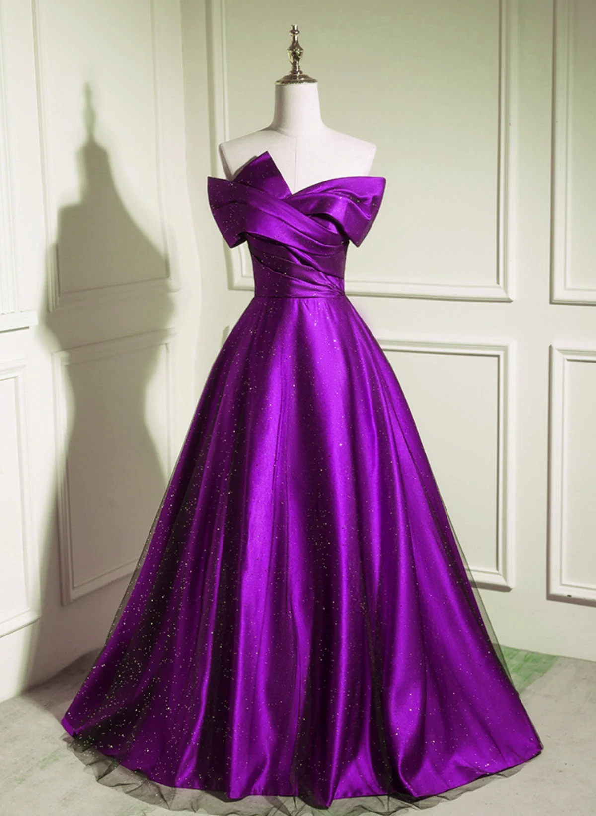 Solvbao A-line Off Shouolder Black and Purple Satin Party Dress, Long Prom Dress - Deanwangkt