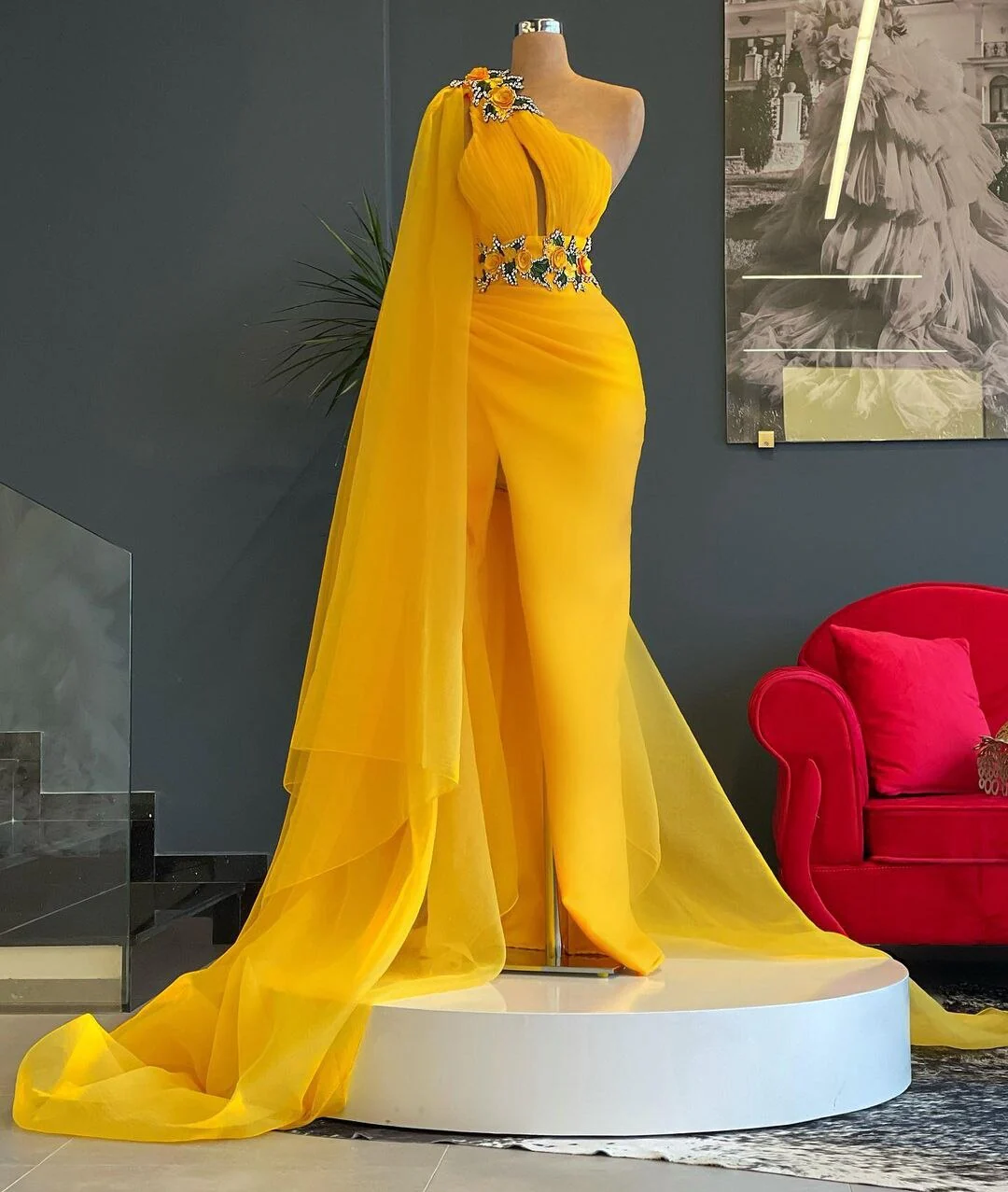 Charming Yellow One Shoulder Mermaid Evening Dresses   Sleeveless Side Split Crystals Women Pageant Dressing   Gowns  mh225 - Deanwangkt
