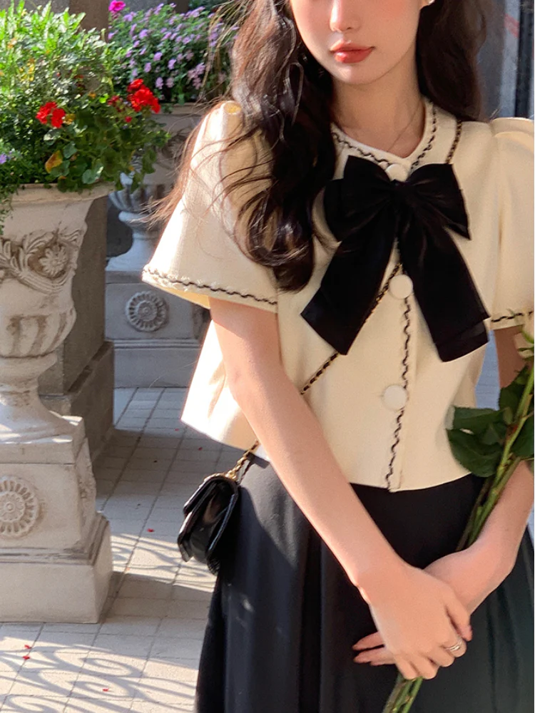 deanwangkt Elegant Vintage Blouse Women Casual Short Sleeve Design O-Neck Coats Party Y2k Crop Tops Female Korean Clothing  Summer - Deanwangkt