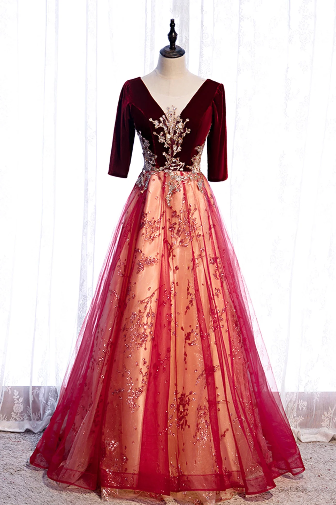 solvbao Burgundy Velvet Tulle Long Prom Dresses, Burgundy 1/2 Sleeve Evening Dresses - Deanwangkt