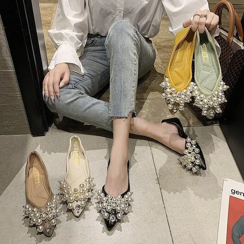 deanwangkt Elegant Ladies Pointed Flat Shoes  Spring Shallow Water Drill Pearl Buckle Soft Bottom Plus Size Comfortable Women's Shoes - Deanwangkt
