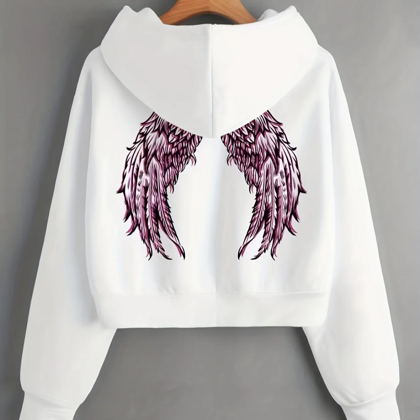 Wings Print Thermal Lined Drawstring Crop Sweatshirt, Long Sleeve Casual Sports Hoodie, Women's Athleisure - Deanwangkt
