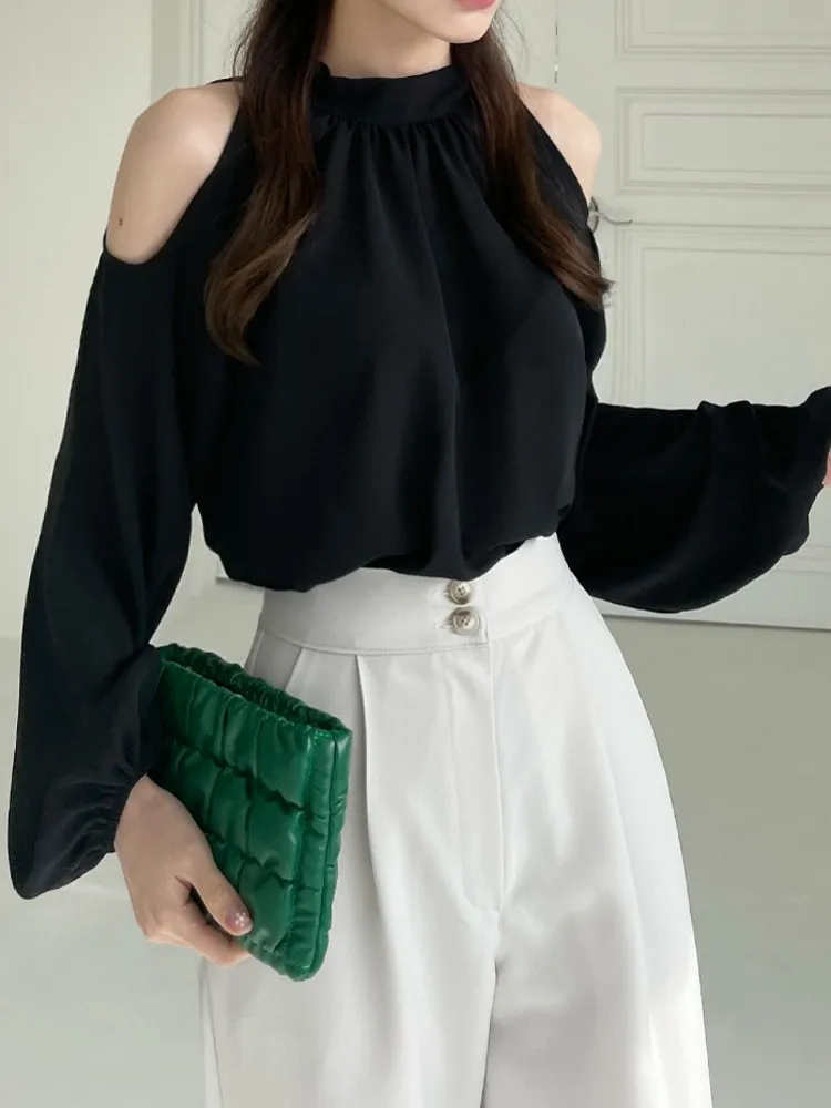 deanwangkt Fashion Woman Blouses Summer Shirts Chiffon Tops New Elegant Hollow Shoulder Back Lace Up Bow Full Sleeve Pullover Top - Deanwangkt