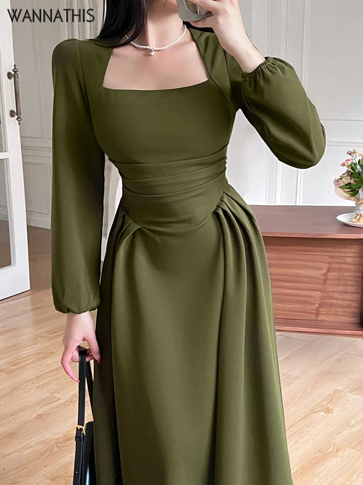 Joskka Folds Puff Sleeve Corsets Women Midi Dress Elegant Bodycon Autumn Elegant Party Casual Lady Long Dress Streetwear - Deanwangkt