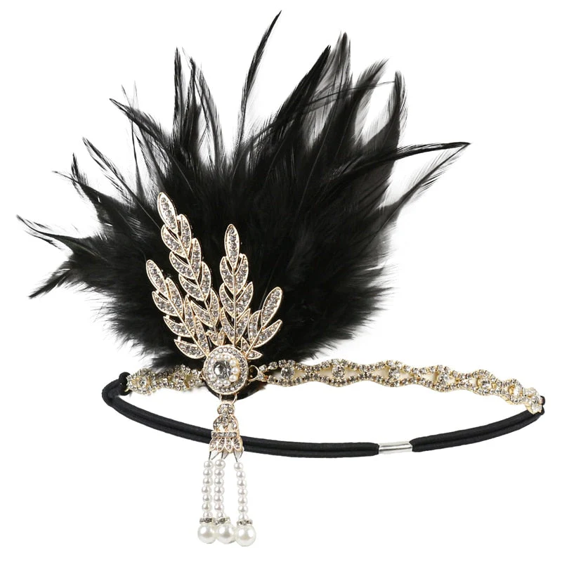 deanwangkt 1920S Flapper Headband Feather Headpiece Roaring 20S Great Gatsby Inspired Leaf Medallion Pearl Headband Women Hair Accessories - Deanwangkt