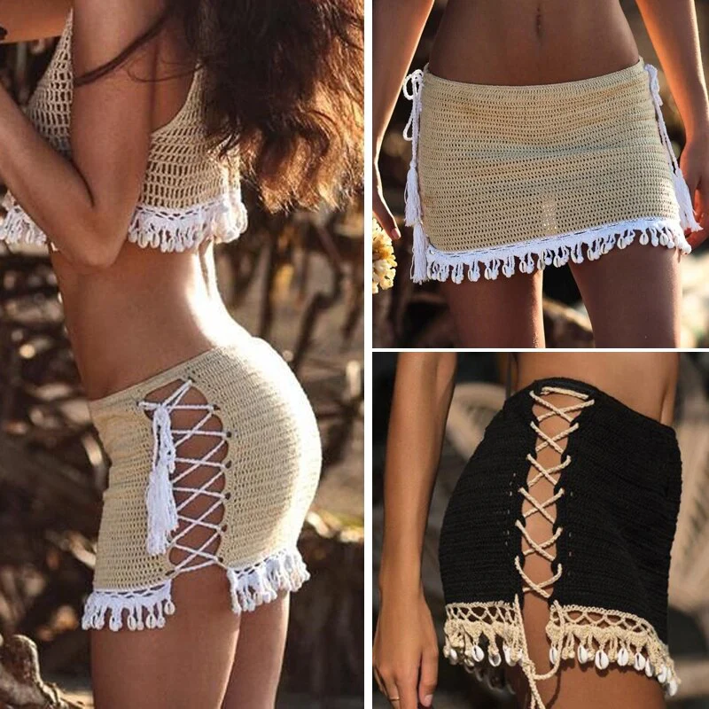 New Sexy Crochet Beach Skirt Cotton Swimsuit Fused Skirt Casual Beach Running Lace See Through Slim Mini Skirts - Deanwangkt