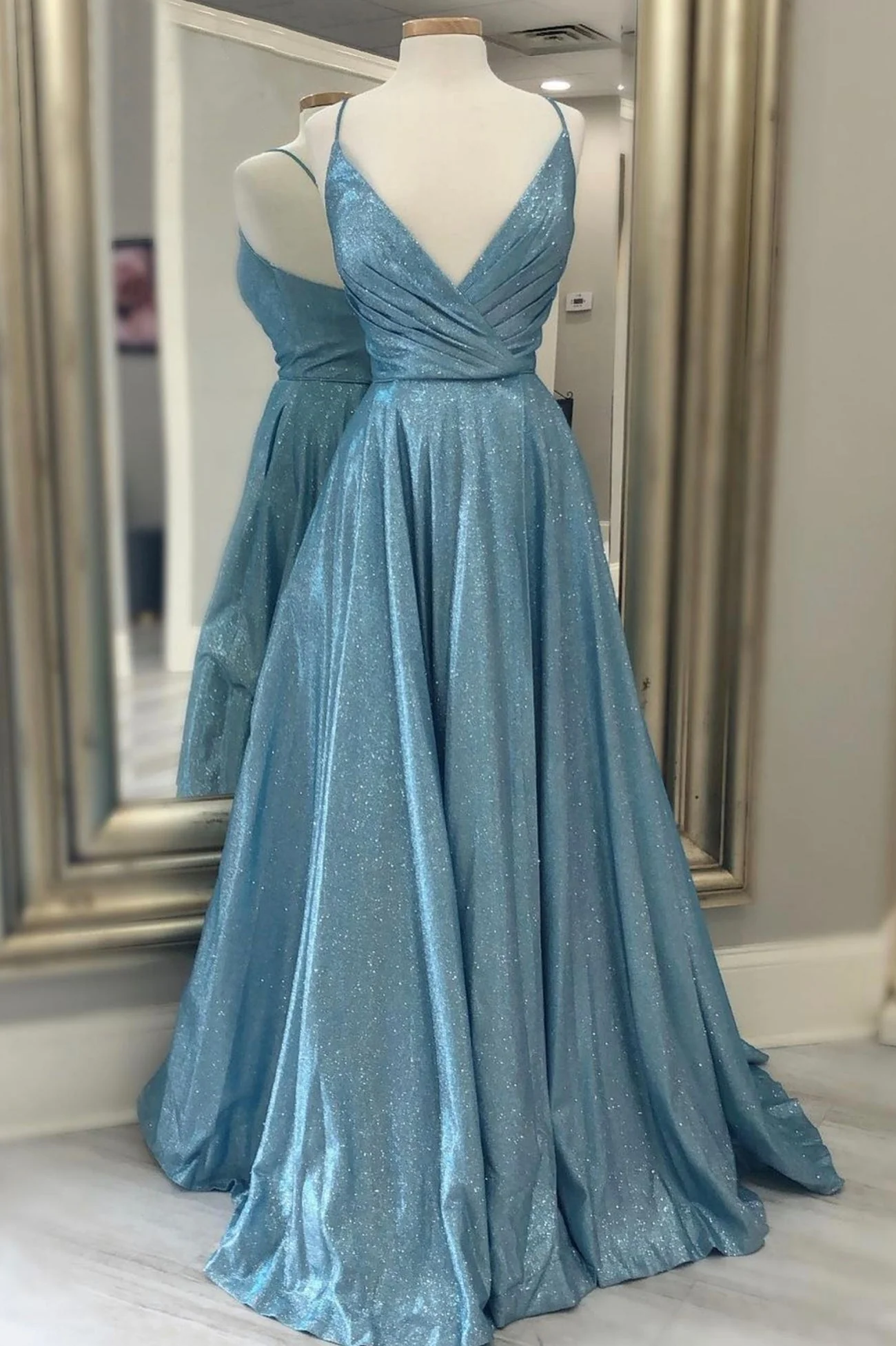 solvbao Blue V-Neck Long Prom Dresses, A-Line Blue Evening Dresses - Deanwangkt