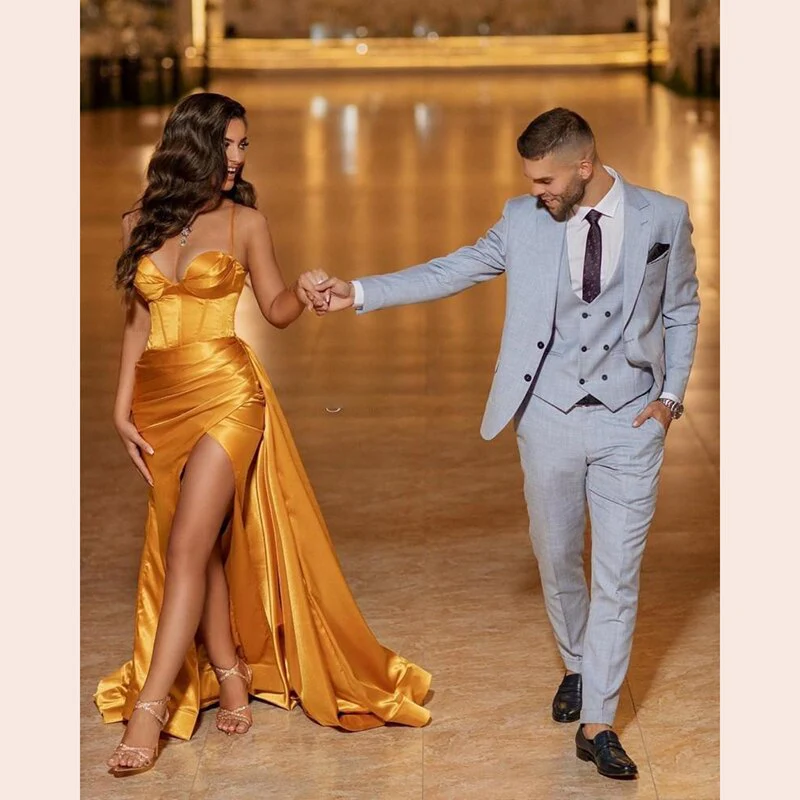 Gold Sweetheart Prom Dresses Satin Long Evening Gown  Sexy High Split Dubai Formal Gowns Abendkleider вечерние платья - Deanwangkt