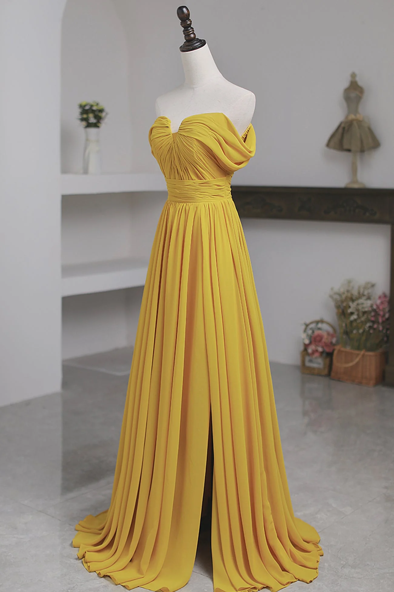 solvbao Yellow Chiffon Long Prom Dress, A-Line Off the Shoulder Evening Dress - Deanwangkt