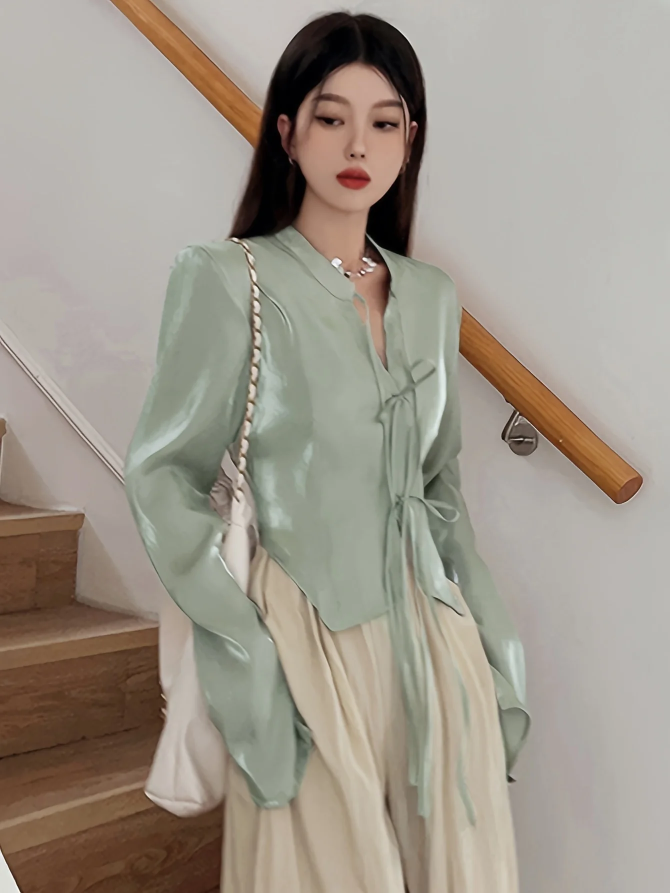 deanwangkt  Solid Tie Front Notched Neck Blouse, Vintage Long Sleeve Asymmetrical Blouse For Spring & Fall, Women's Clothing - Deanwangkt