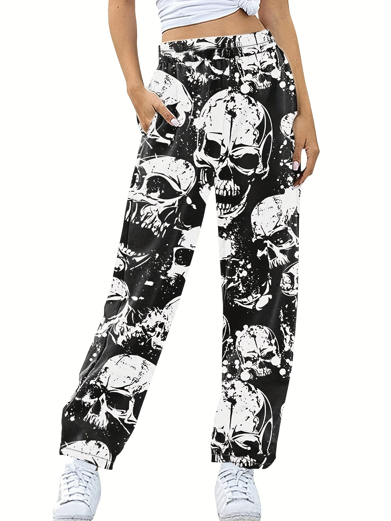 Plus Size Halloween Goth Pants, Women's Plus Allover Skull Print Elastic High Rise Slight Stretch Straight Leg Trousers - Deanwangkt