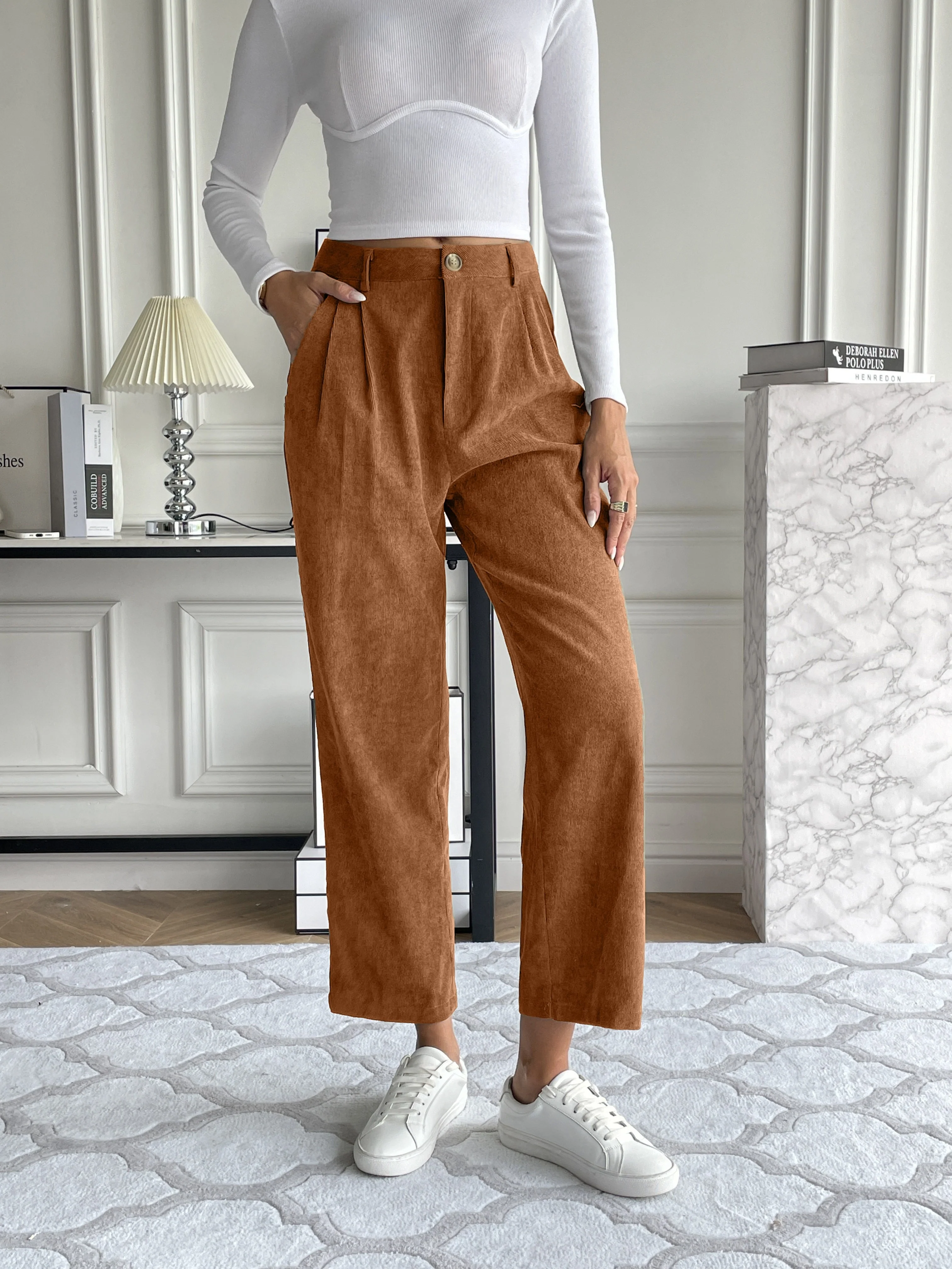 deanwangkt-1  Corduroy Pocket Straight Leg Pants, Casual Loose High Waist Pants, Women's Clothing - Deanwangkt