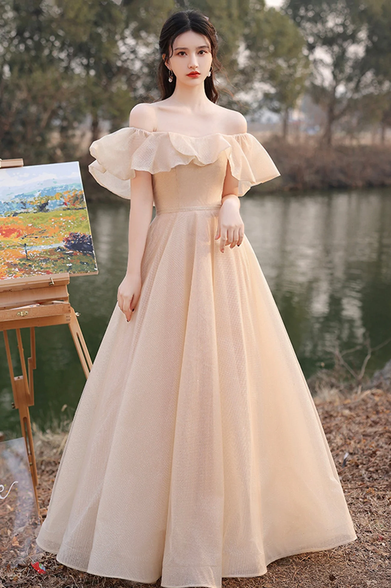 solvbao Cute Tulle Long A-Line Prom Dresses, Champagne Lace-Up Party Dresses - Deanwangkt