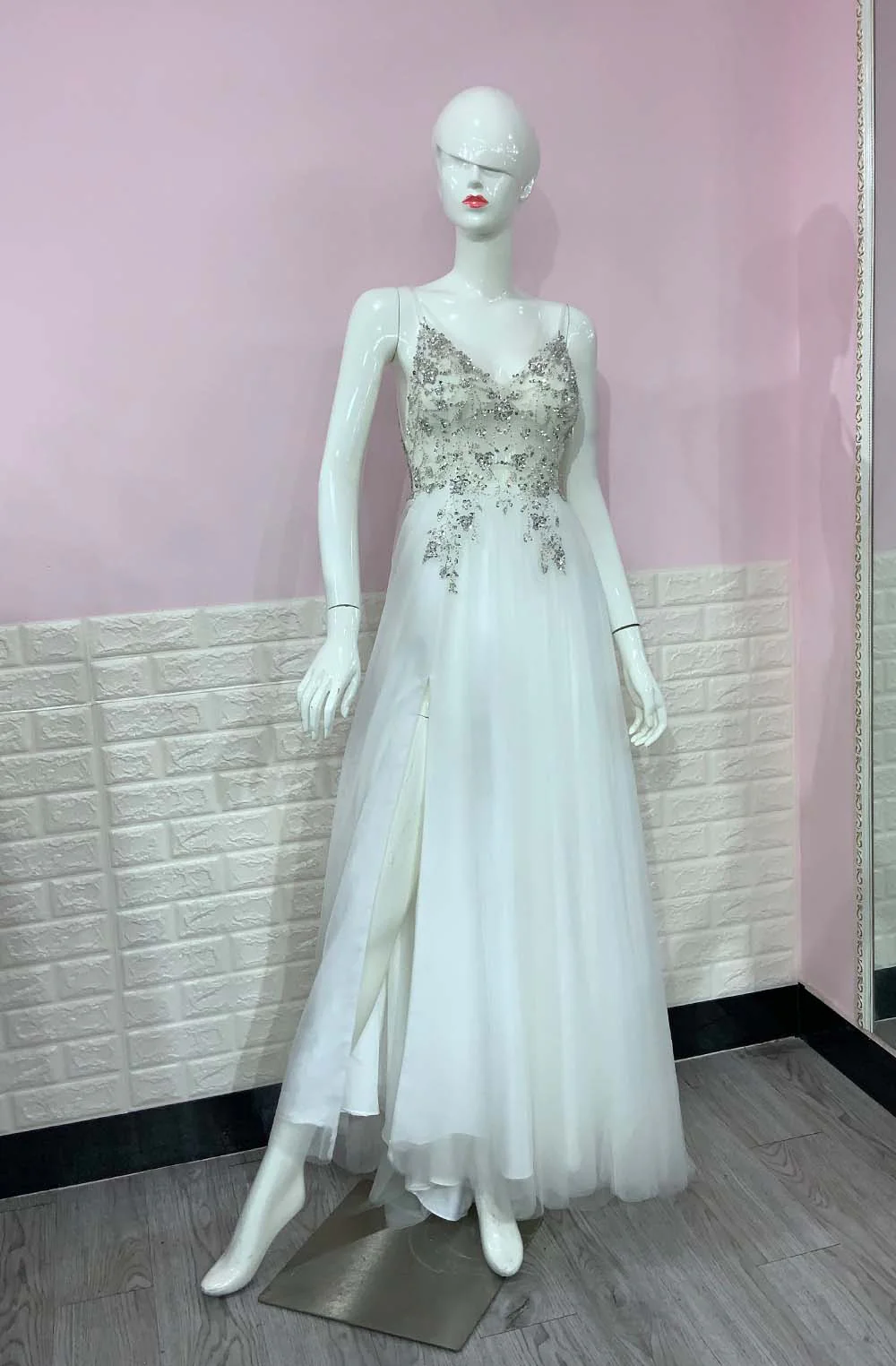 Sweet Dusty Pink Crystal Prom Dresses Long Straps Spaghetti See Through Tulle Evening Gown Slit Right YQLNNE - Deanwangkt