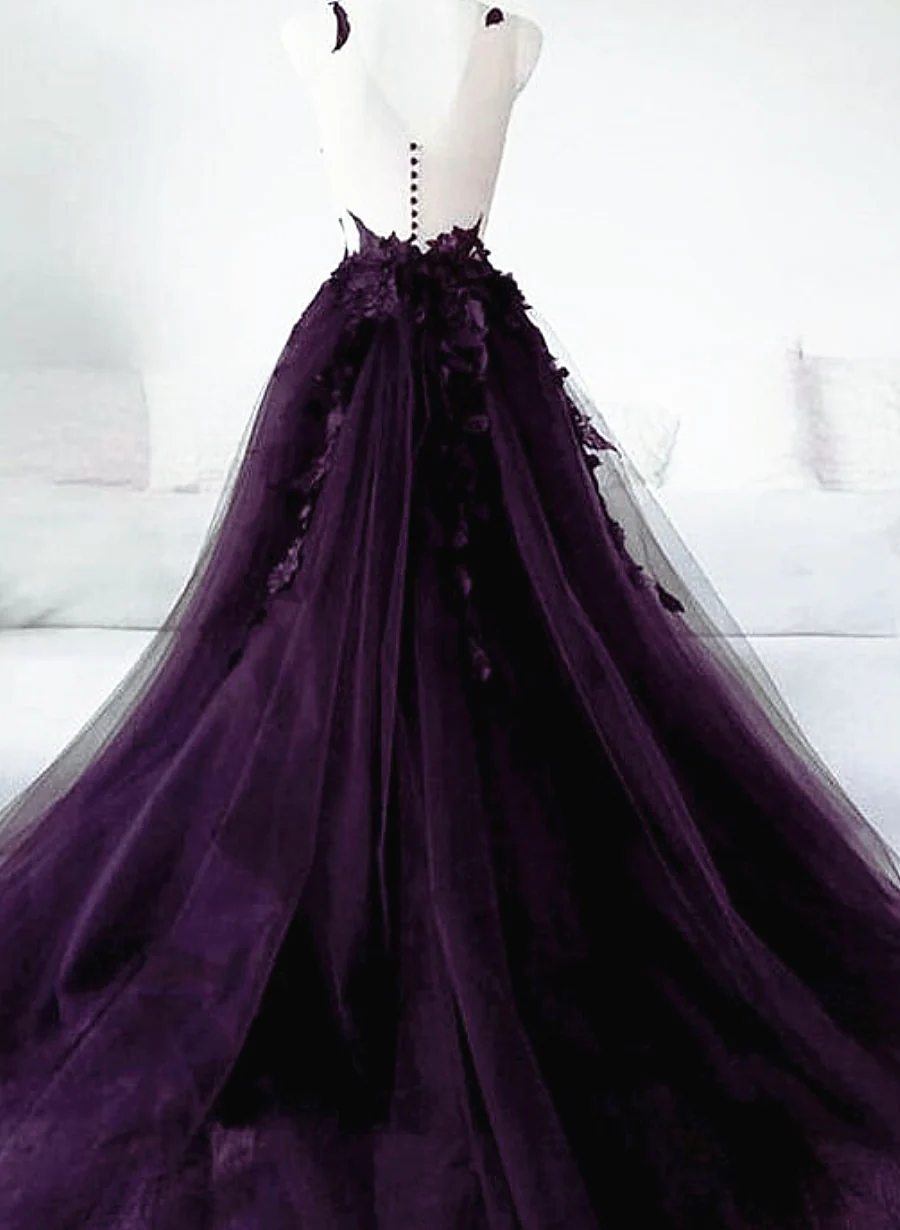 Solvbao Dark Purple Tulle with Lace Applique Long Wedding Party Dress, Purple Formal Dress - Deanwangkt