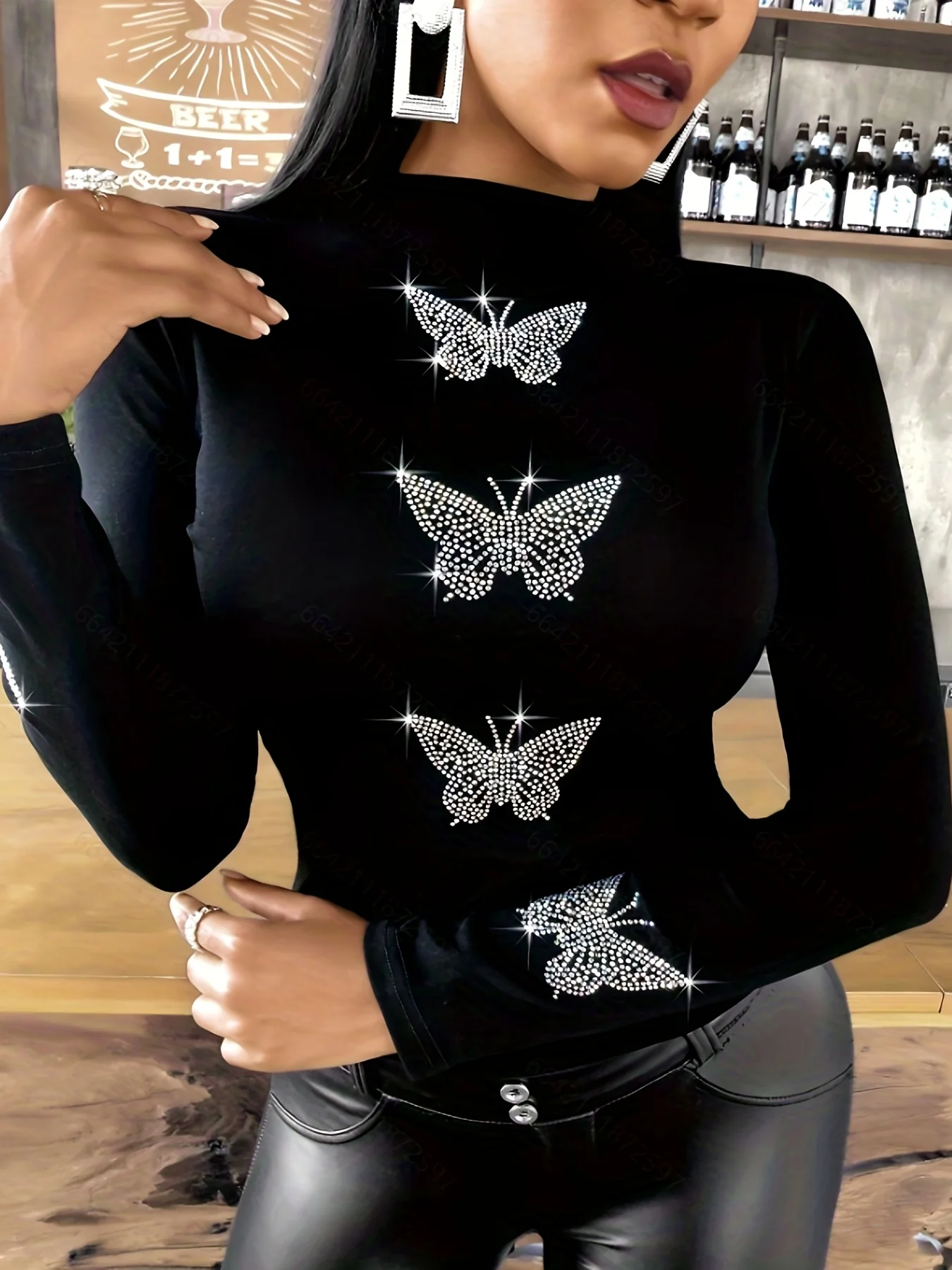 deanwangkt-1 Rhinestone Butterfly Pattern T-Shirt, Casual Long Sleeve Top For Spring & Fall, Women's Clothing - Deanwangkt
