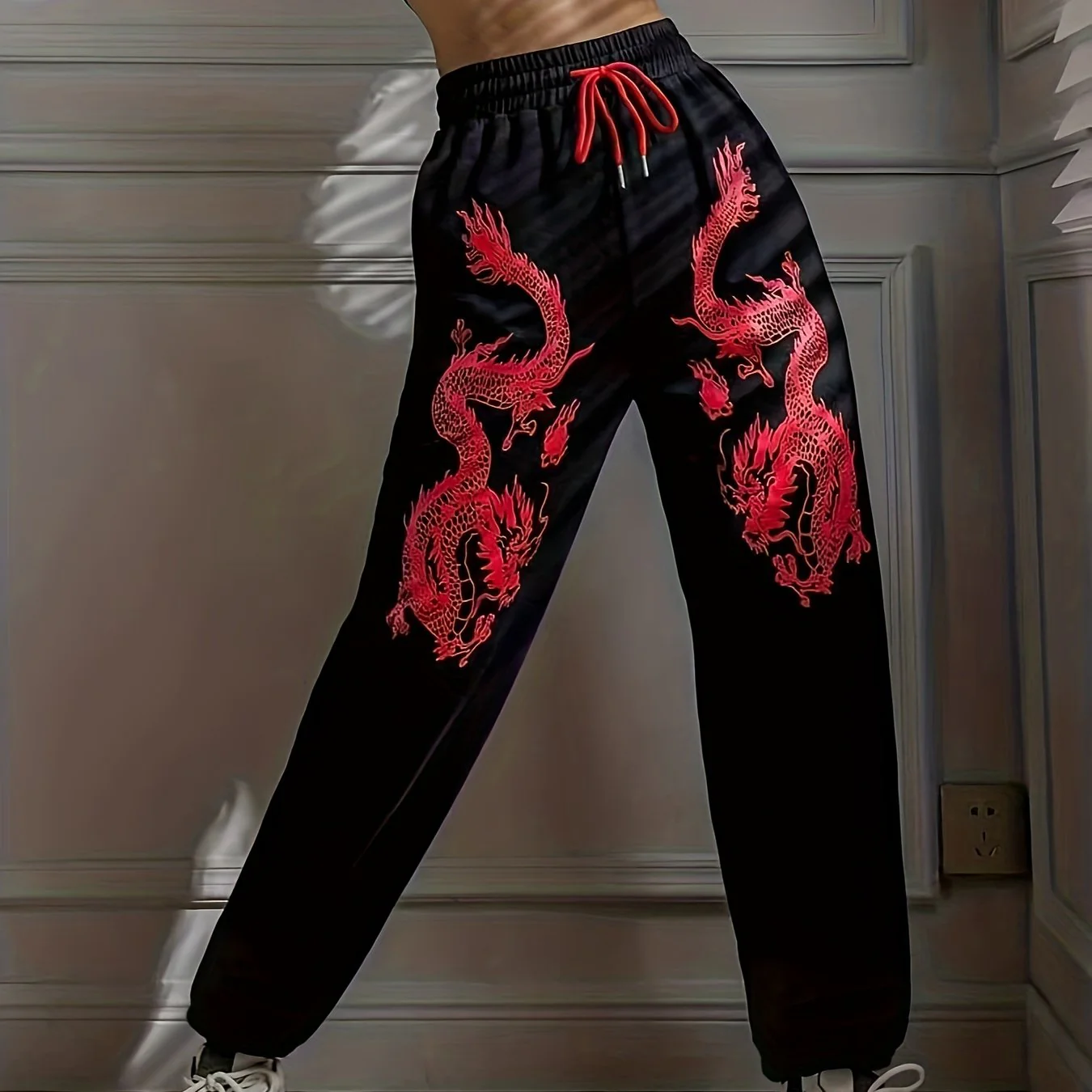 deanwangkt-1  Dragon Print Drawstring Waist Sweatpants, Casual Pants For Spring & Fall, Women's Clothing - Deanwangkt