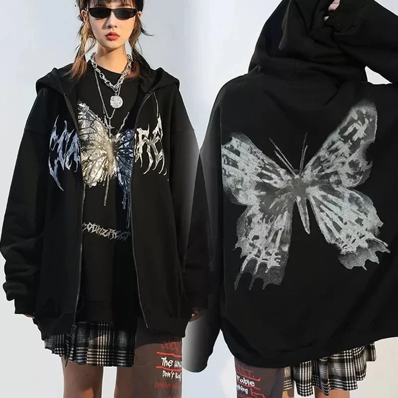 deanwangkt Butterfly Print Hooded Jackets Women Autumn Punk Zip-up Loose Coats Female Harajuku Hip Hop Streetwear Y2k Aesthetic Hoodies - Deanwangkt