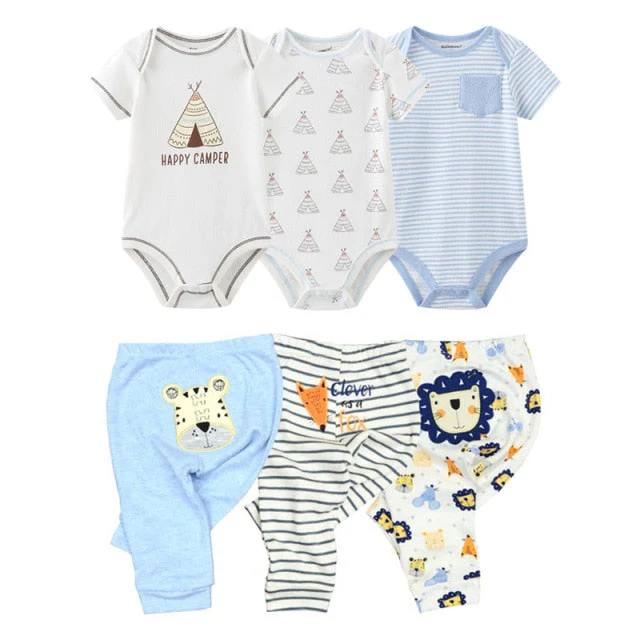6/9PCS Baby Girl Clothes Newborn Unisex Solid Bodysuits+Pants Cotton Baby Boy Clothes Short Sleeve Girls Baby Clothing Cartoon - Deanwangkt