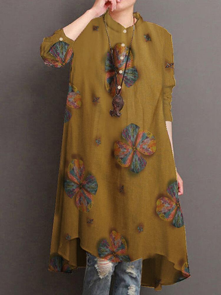 deanwangkt Women Cotton Button Vintage Print High-Low Hem Retro Shirt Dress - Deanwangkt