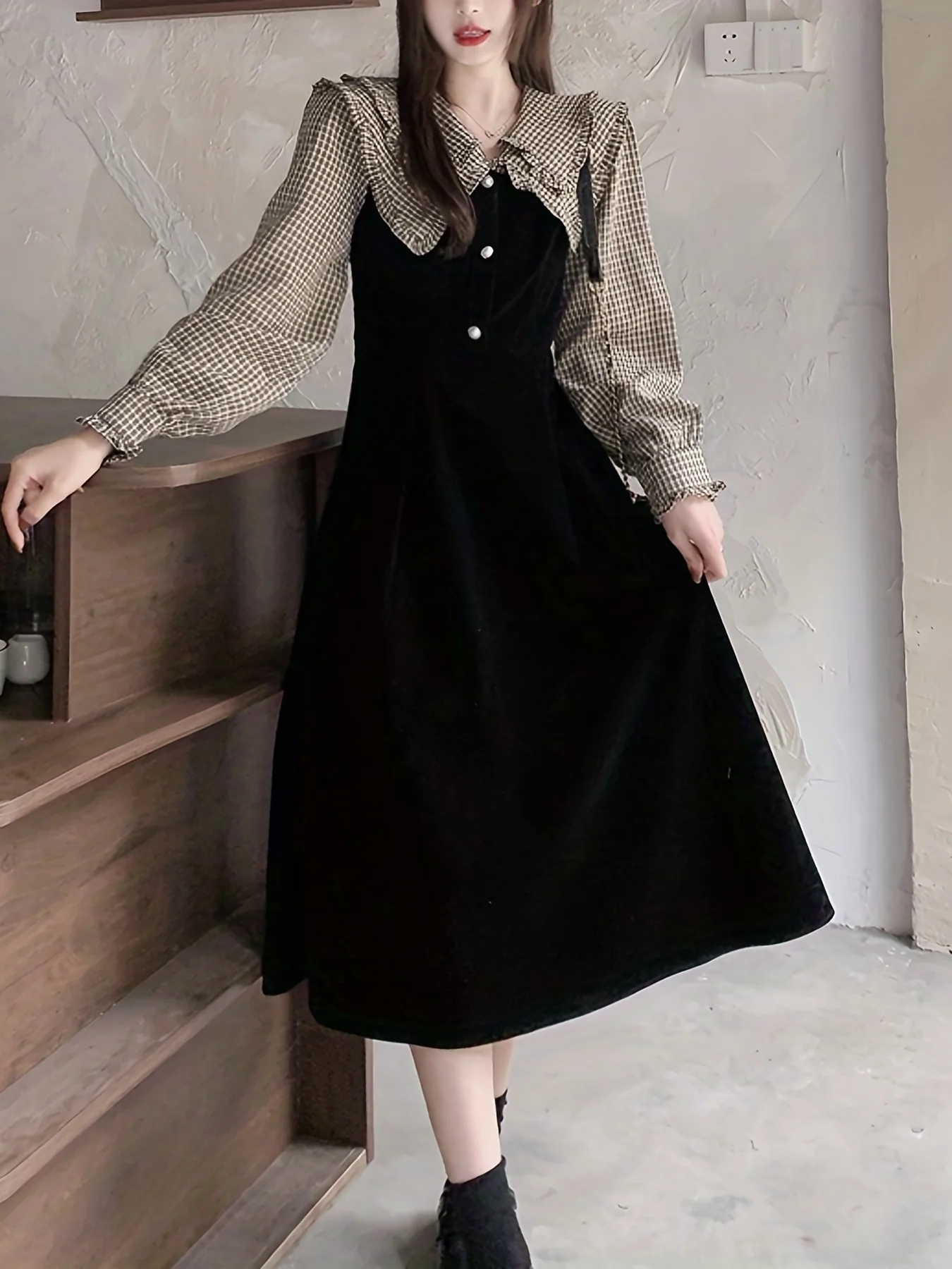 deanwangkt-1  Plaid Print Splicing Dress, Elegant V Neck Long Sleeve Midi Dress, Women's Clothing - Deanwangkt