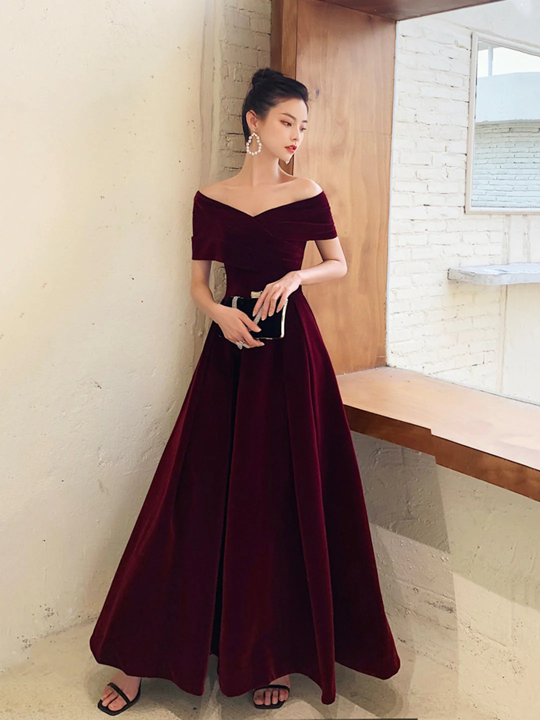 solvbao Burgundy V-Neck Velvet Long Prom Dress, Off Shoulder Evening Party Dress - Deanwangkt