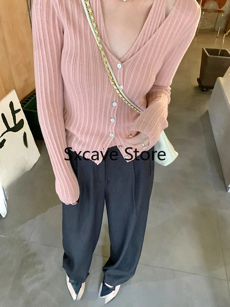 deanwangkt  Autumn V-Neck Knitted Cardigan Women Pure Color Casual Long Sleeve Slim Sweater Office Lady Y2k Crop Tops Female Korean - Deanwangkt