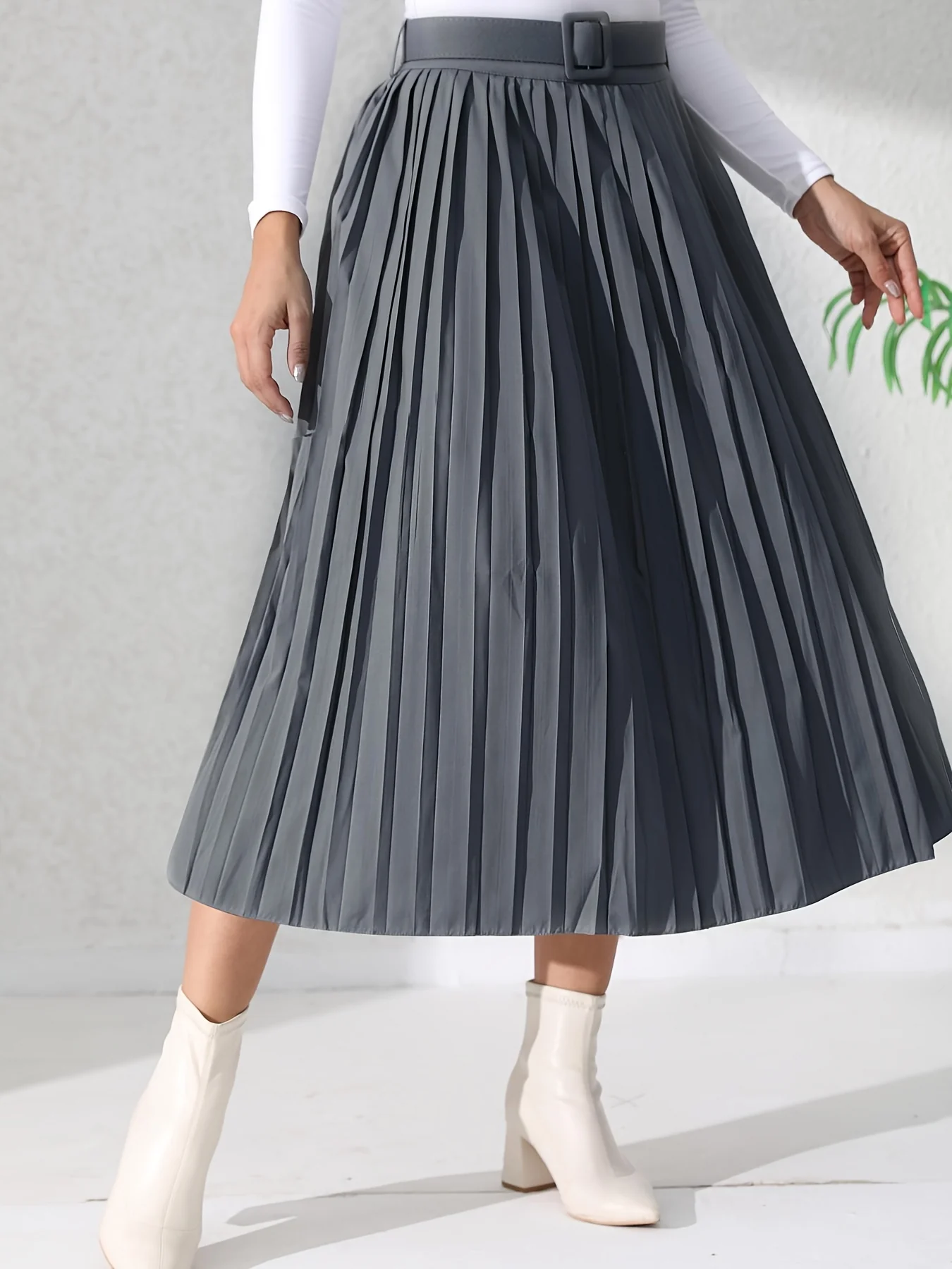 Solid Pleated Skirt, Casual Midi Skirt For Spring & Summer, Women's Clothing - Deanwangkt
