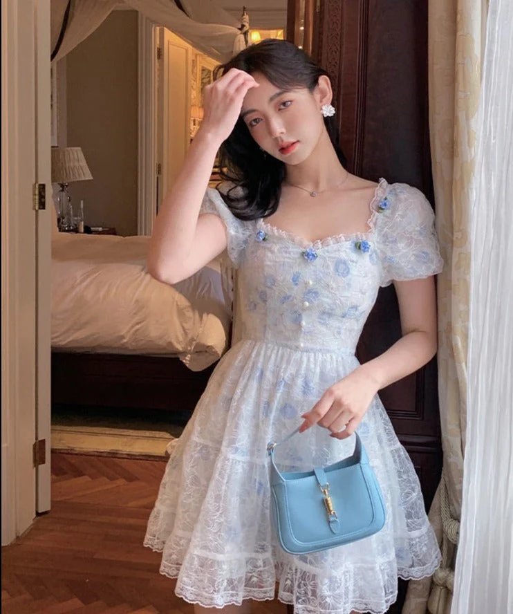 deanwangkt  Floral Lace Korean Sweet Dress Women France Vintage Elegant Party Mini Dresses Female Print Casual Beach Boho Fairy Dress Summer - Deanwangkt