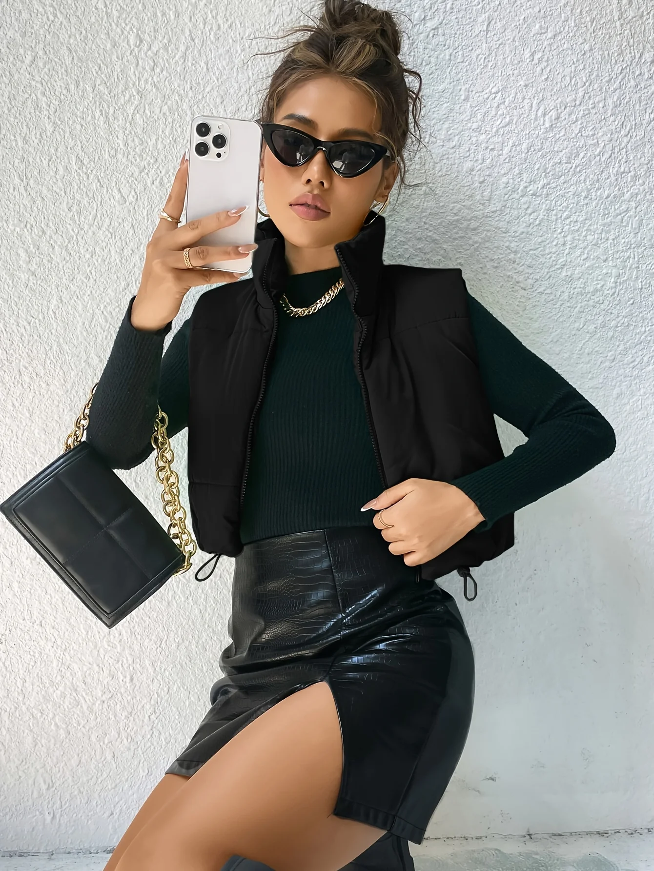 Solid Stand Collar Zipper Vest, Versatile Sleeveless Drawstring Warm Outwear For Fall & Winter, Women's Clothing - Deanwangkt