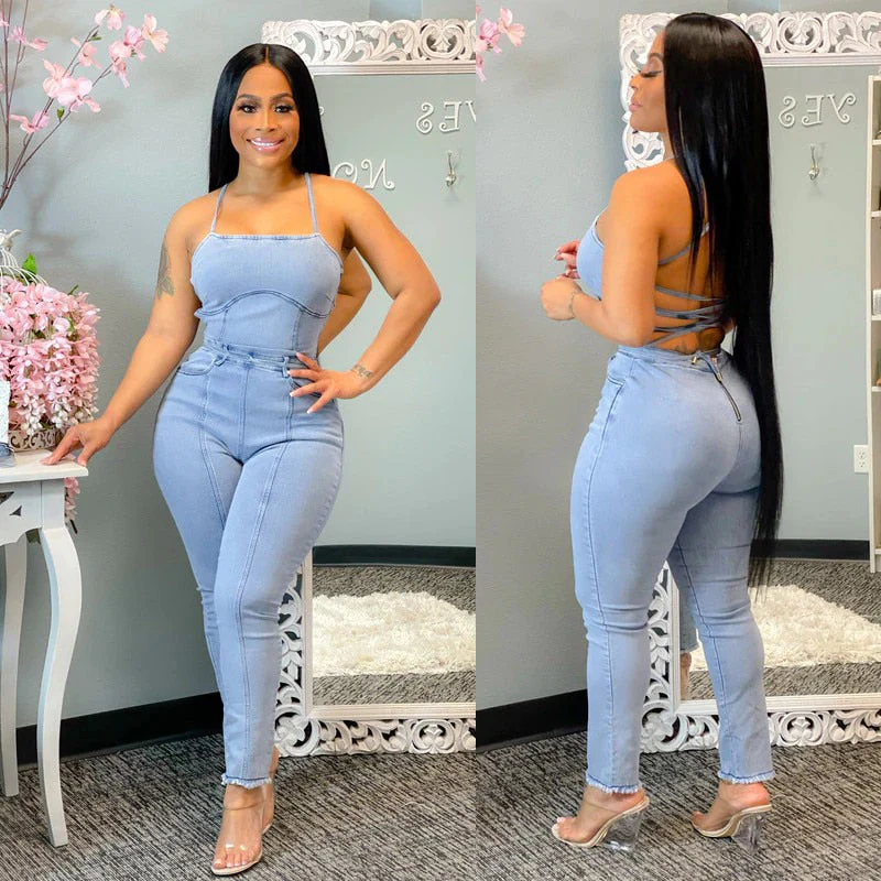 deanwangkt   Plus Size Sexy Back Lace Up Bandage Hollow Out Jumpsuit Women Off Shoulder Denim Long Jumpsuit Sleveless Summer Jeans Overalls - Deanwangkt