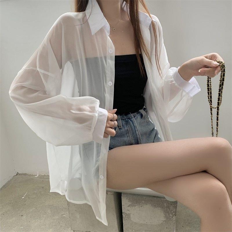 deanwangkt Fashion Women Holiday Beach Shirts See Through Chiffon Blouse Tops Sun Protection Clothes Long Sleeve Blusas New 22209 - Deanwangkt