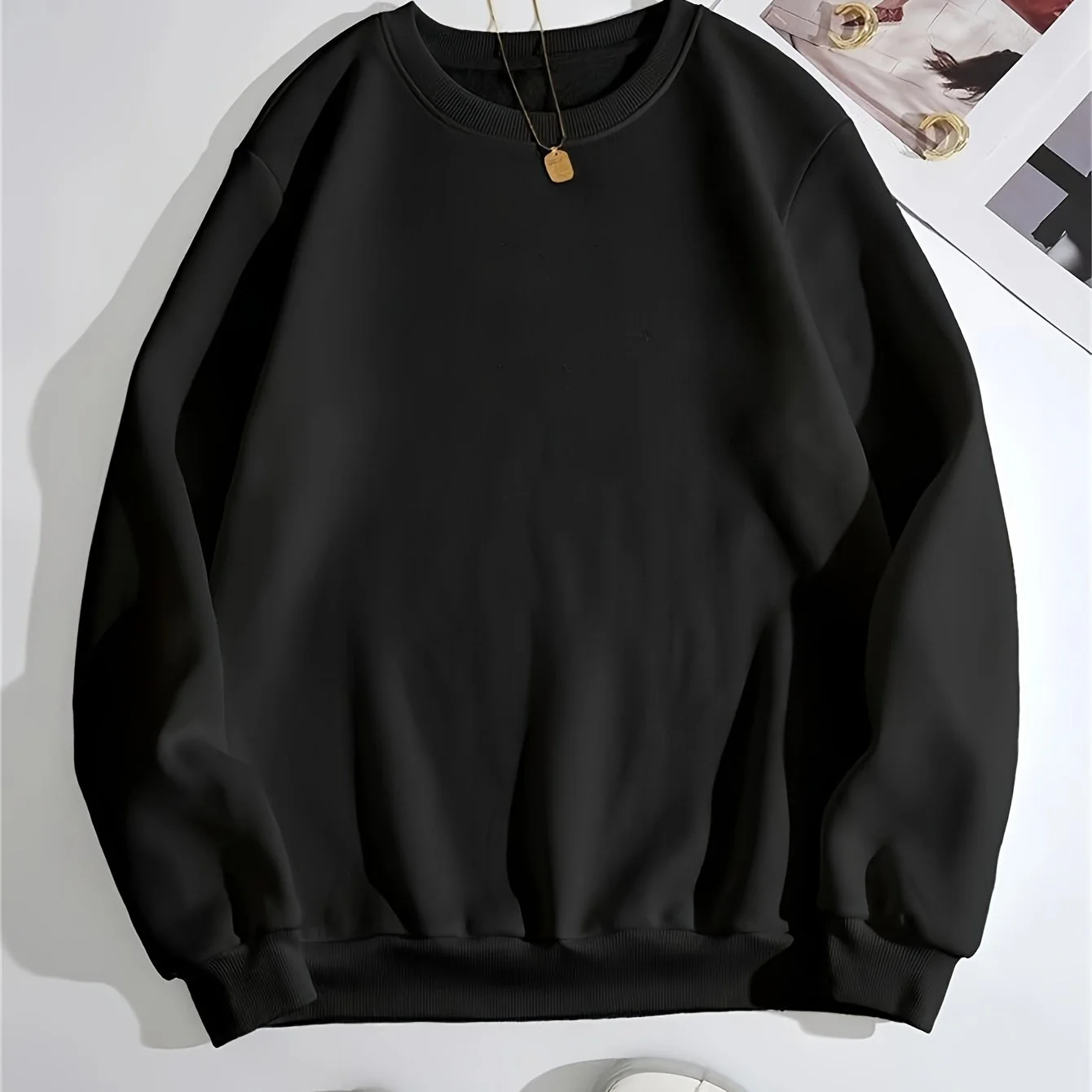 Solid Color Crew Neck Long Sleeve Sweater, Plush Inner Outwear Pullover Shirt, Women's Clothing - Deanwangkt
