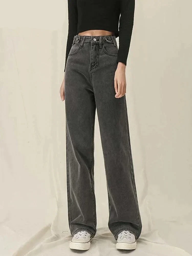 deanwangkt High Waisted Jeans For Women Denim Joggers Pants Mom Trousers Lace Up Button Full Length Straight  Fashion Gray - Deanwangkt