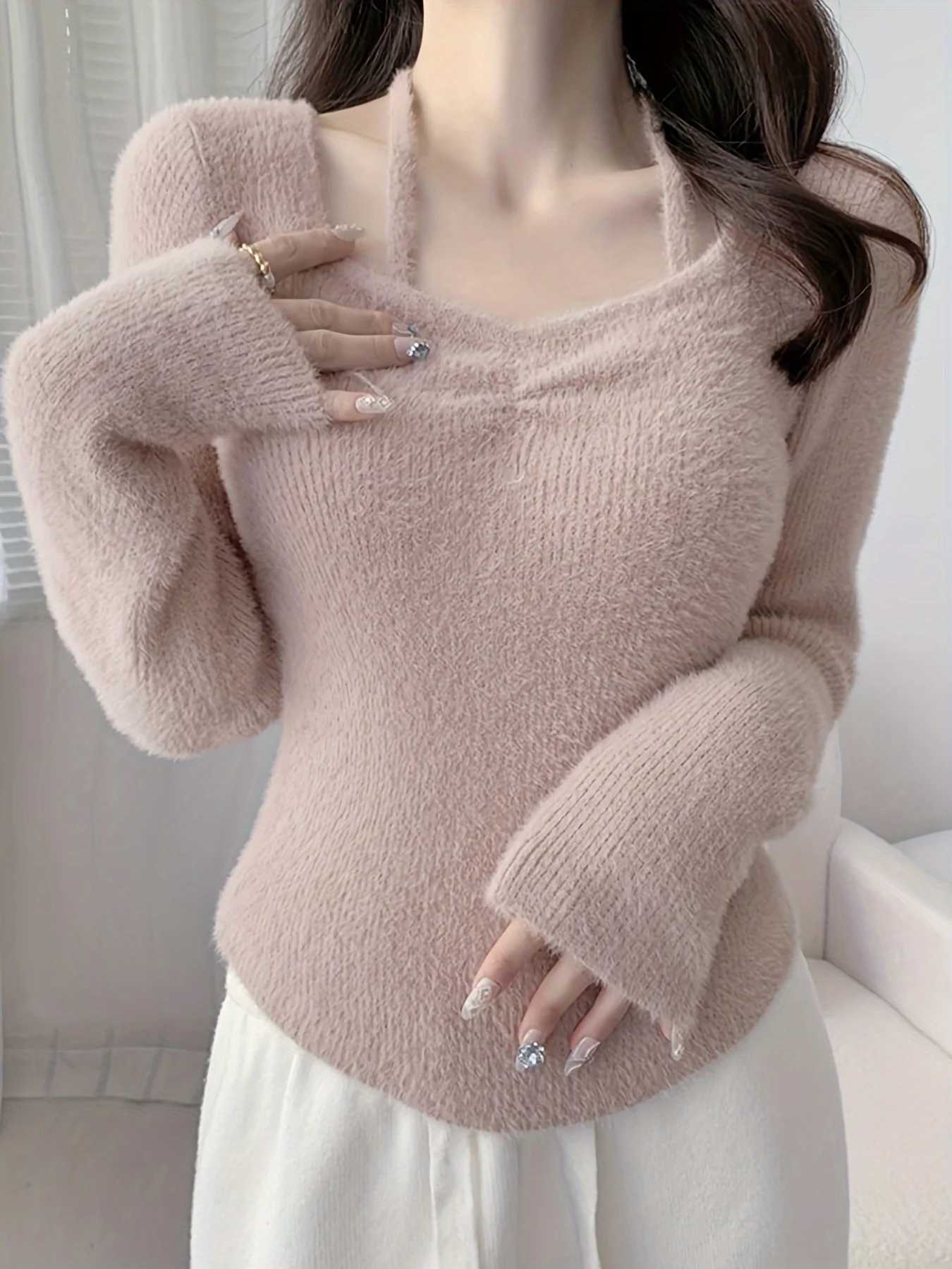 deanwangkt  Solid Slim Halter Pullover Sweater, Casual Long Sleeve Cozy Sweater For Spring & Fall, Women's Clothing - Deanwangkt