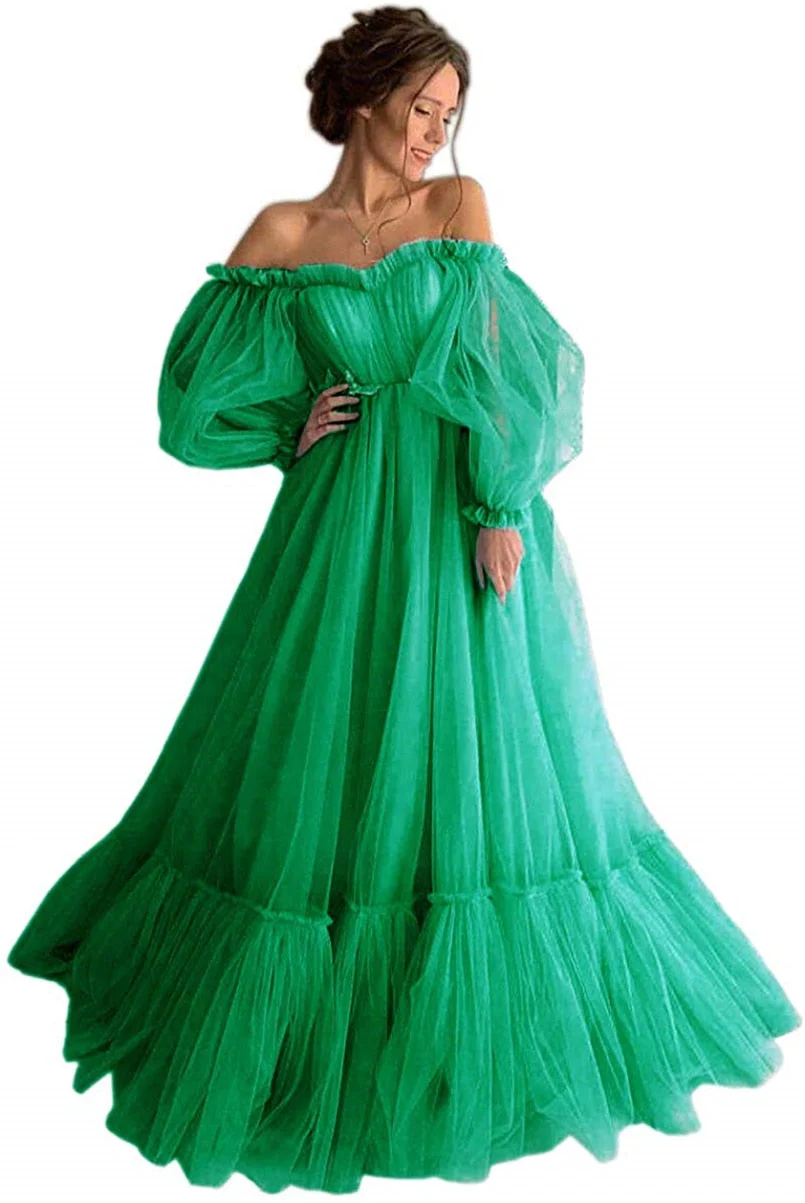 LORIE Blue Prom Dresses Long Sleeve Off the Shoulder Princess Dress  Tulle Lace-up Formal Evening Party Dresses Plus Size - Deanwangkt