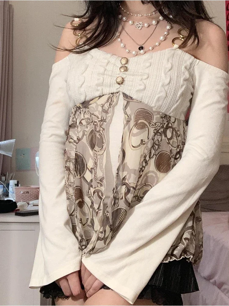 deanwangkt Y2K Gothic Clothes Crop Tops Off White Lolita Women Tops Gyaru  Long Sleeve Tops Cyber Lace Top Exposure Simple Clothes - Deanwangkt