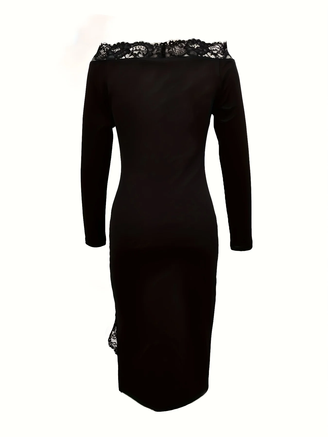 Contrast Lace Off-shoulder Dress, Chic Long Sleeve Split Hem Slim Dress, Women's Clothing - Deanwangkt