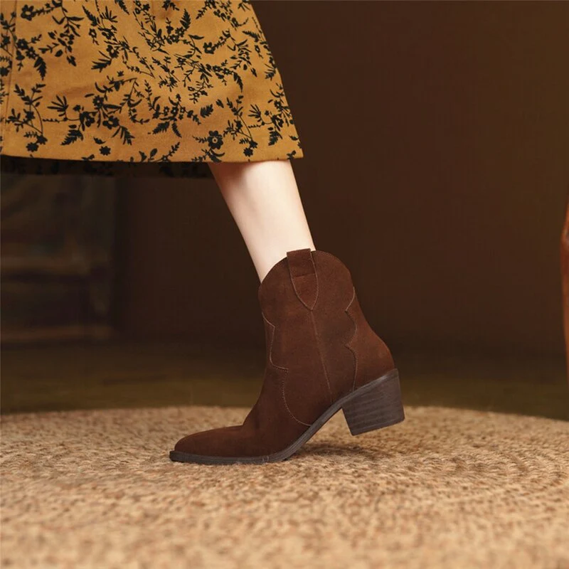 deanwangkt  fashion inspo    NEW Autumn Women Boots Pointed Toe Chunky Heel Shoes Women Cow Suede Black Shoes for Women Concise Western Boots Cowboy Boots - Deanwangkt