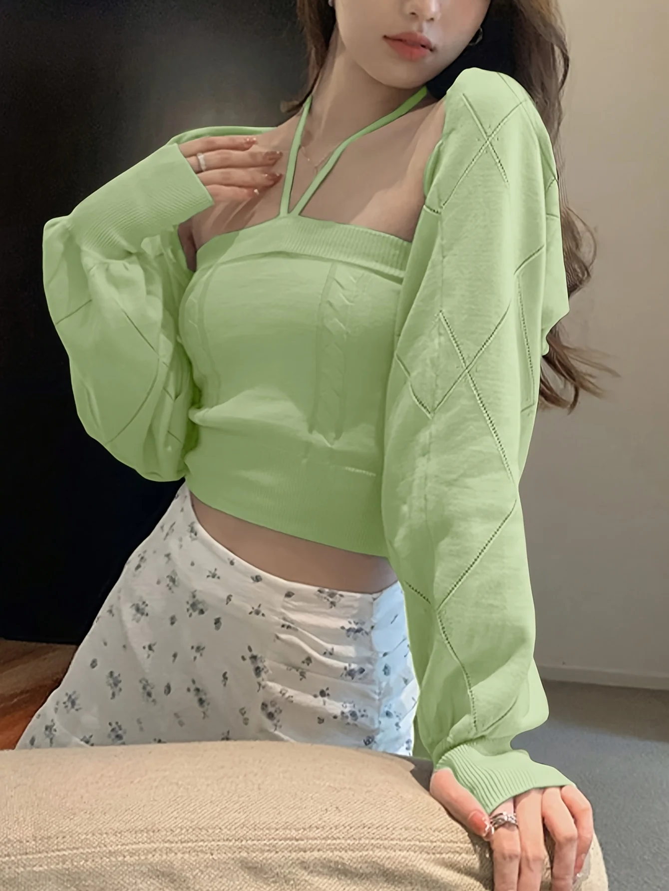 deanwangkt  Y2K Solid Two-piece Set, Sleeveless Halter Cami Top & Crop Shawl Sweater Top Outfits, Women's Clothing - Deanwangkt